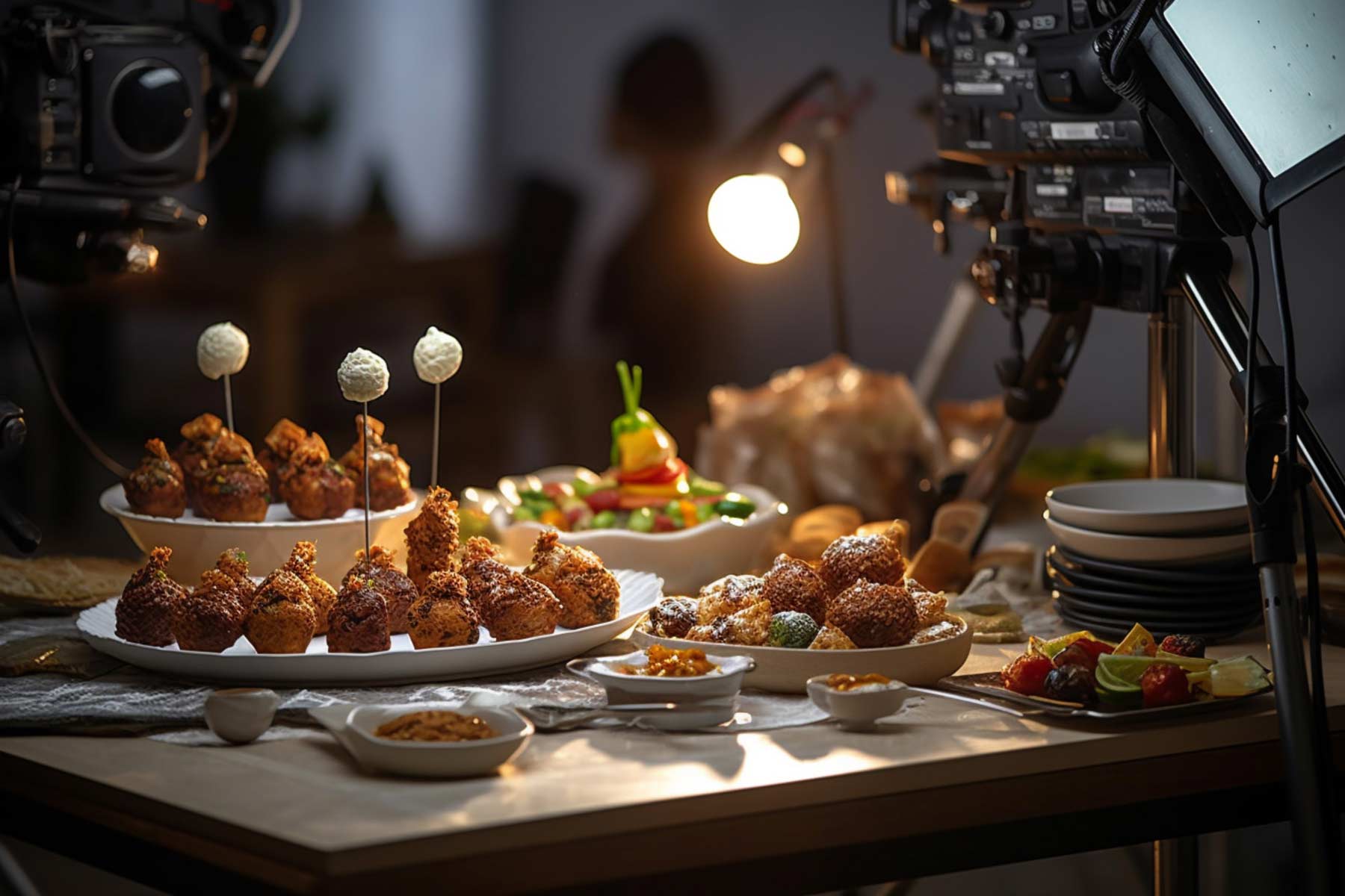 Close-up of an assortment of plated appetizers and desserts on a table under studio lights and cameras.