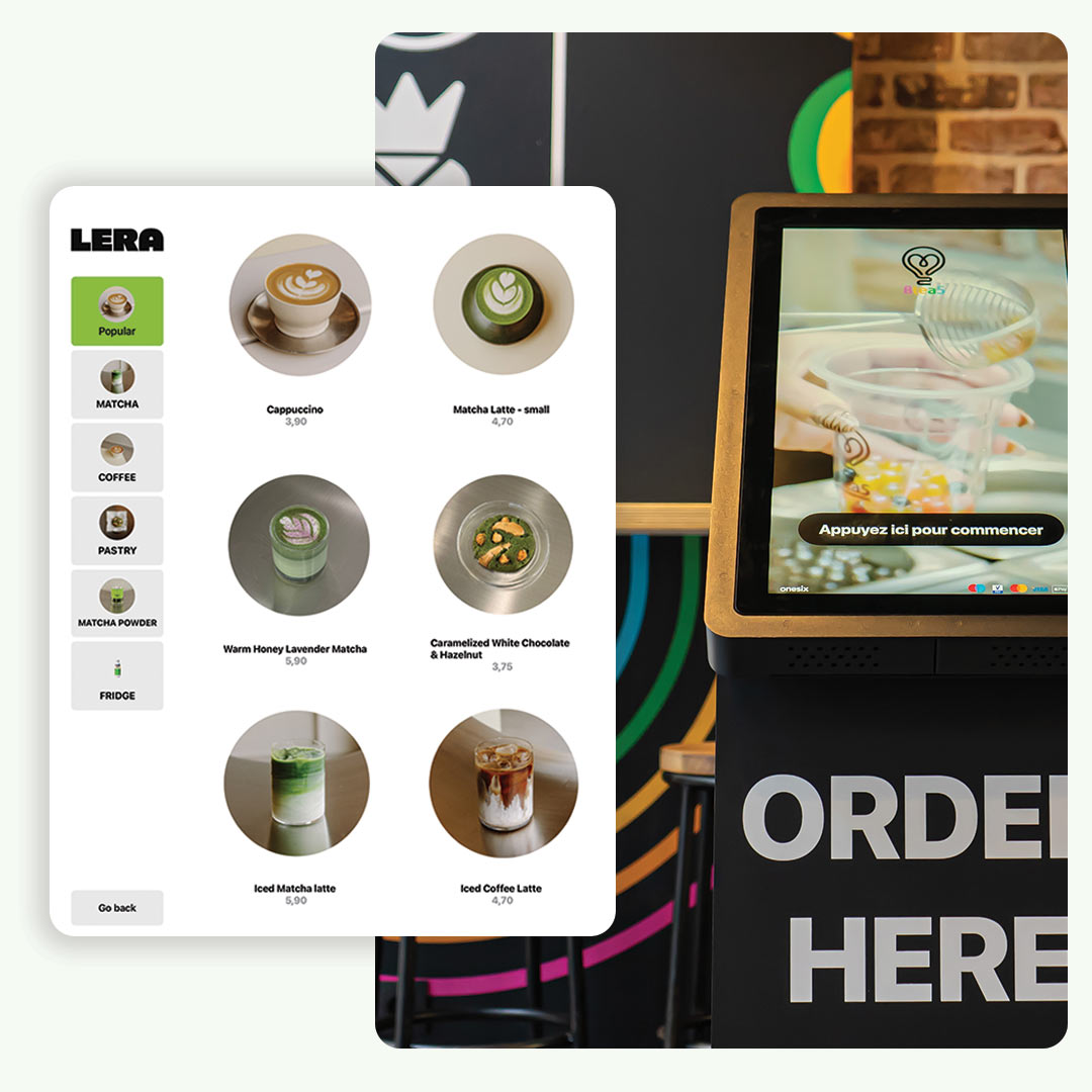 Self-service touchscreen ordering kiosk displaying LERA menu with coffee and matcha drink options including cappuccino and iced coffee latte.