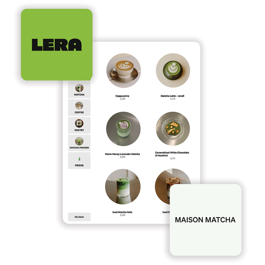 Menu displaying matcha and coffee drinks with images, prices, and categories including cappuccino, matcha latte, and pastries.