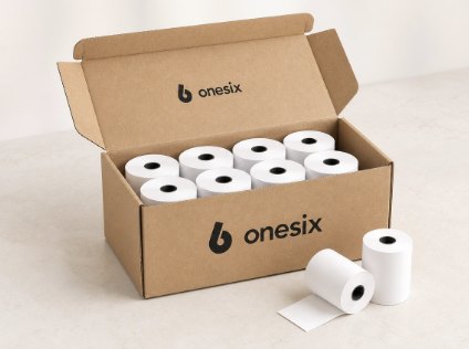 Karton Onesix-Bonrollen mit einzelnen Rollen davor