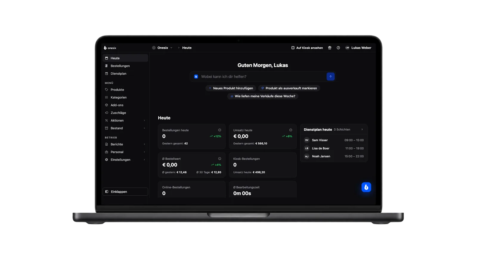 Das Onesix Dashboard auf einem MacBook mit den Zahlen von heute: Bestellungen, Umsatz und durchschnittlicher Bestellwert