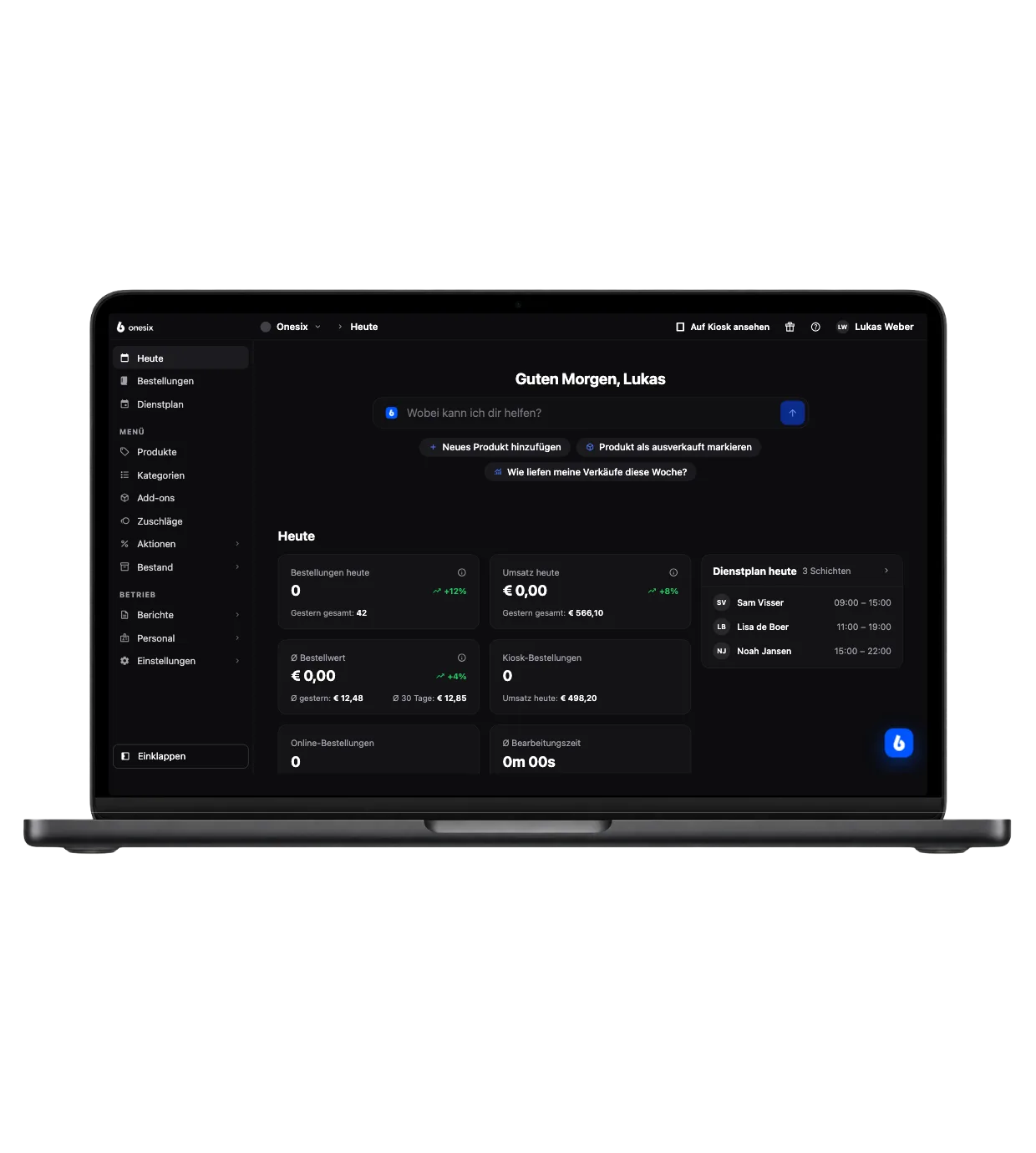 Das Onesix Dashboard auf einem MacBook mit den Zahlen von heute: Bestellungen, Umsatz und durchschnittlicher Bestellwert