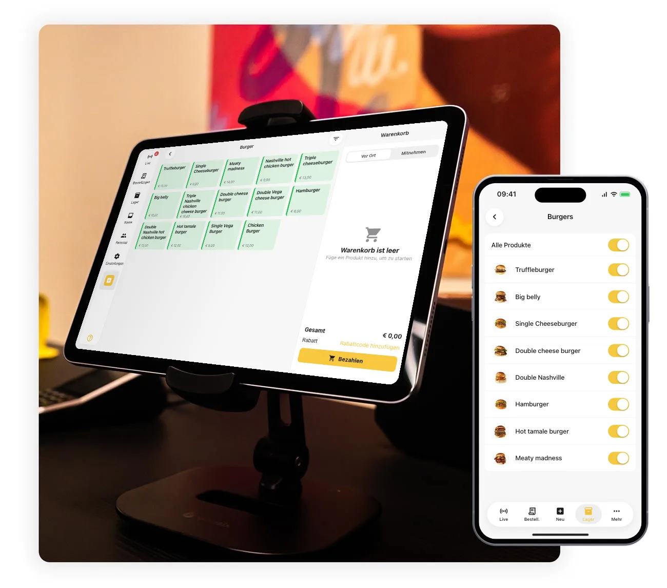 Onesix Kasse auf einem Tablet und Produktverwaltung in der iPhone App