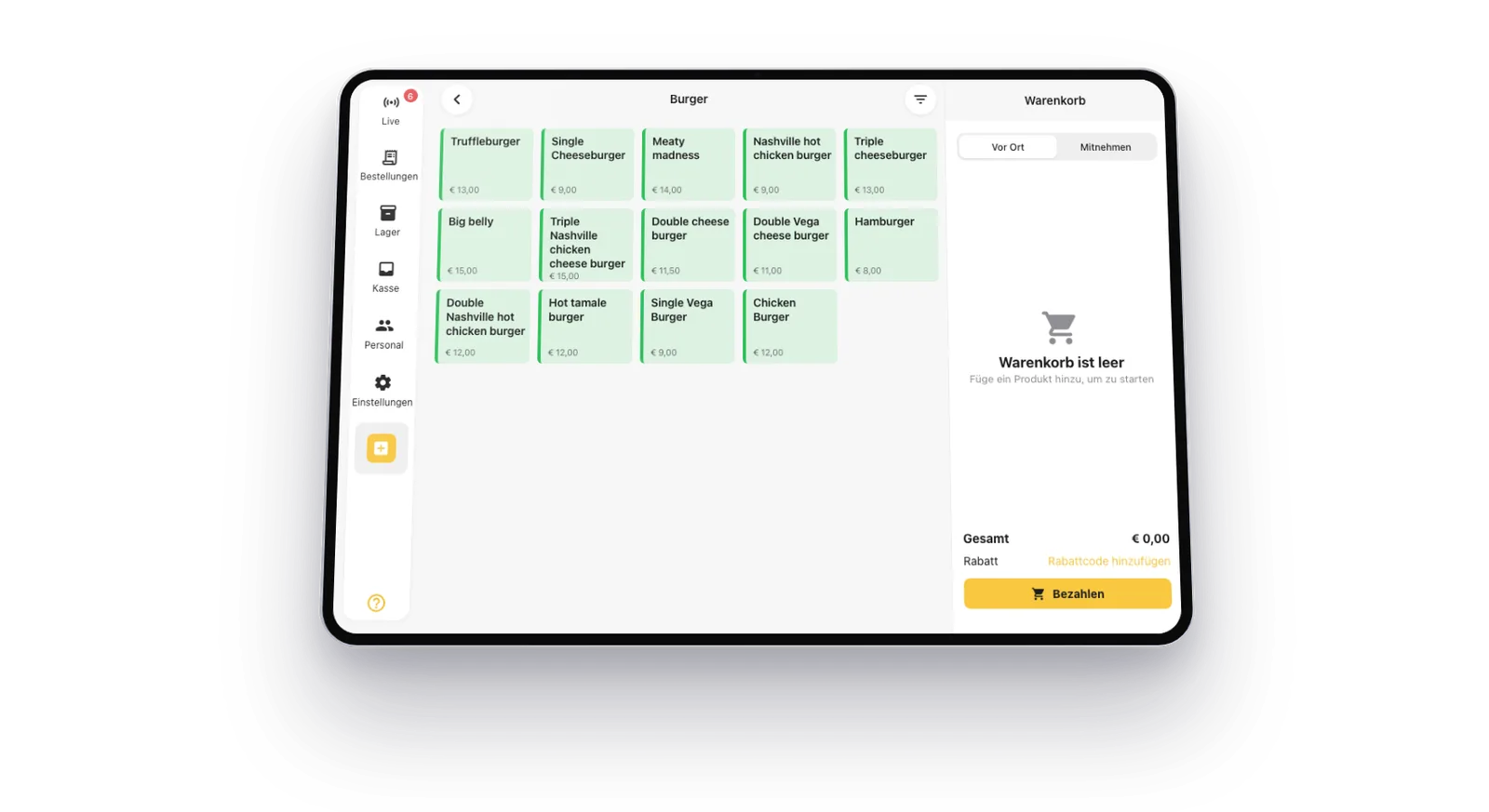 Onesix Kasse auf einem iPad: Bestellung eingeben, Bon und Küchendisplay