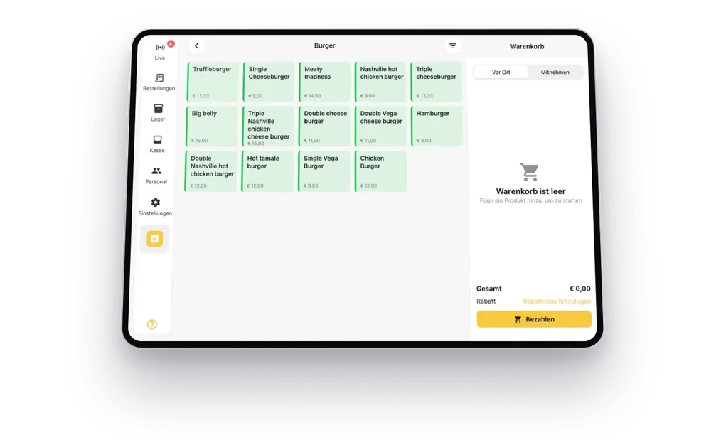 Onesix Kasse auf einem iPad: Bestellung eingeben, Bon und Küchendisplay