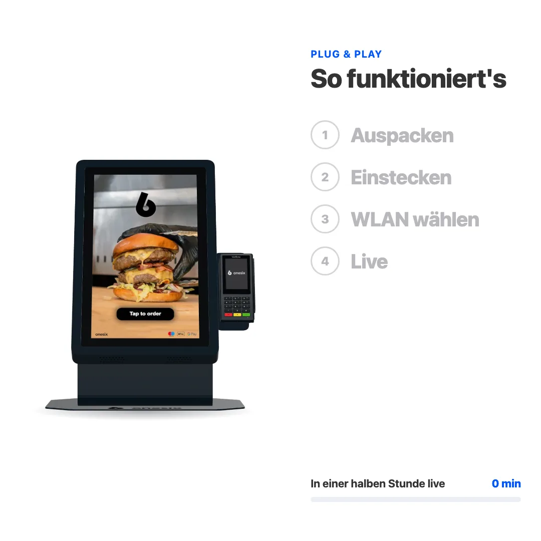 Animation: So stellst du den Onesix Kiosk Pro Table auf. Auspacken, einstecken, WLAN wählen und live