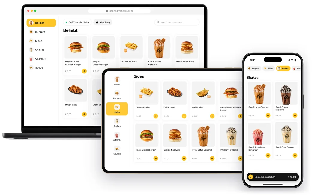 Onesix Online-Kiosk Menü für QR-Bestellungen auf mehreren Bildschirmen