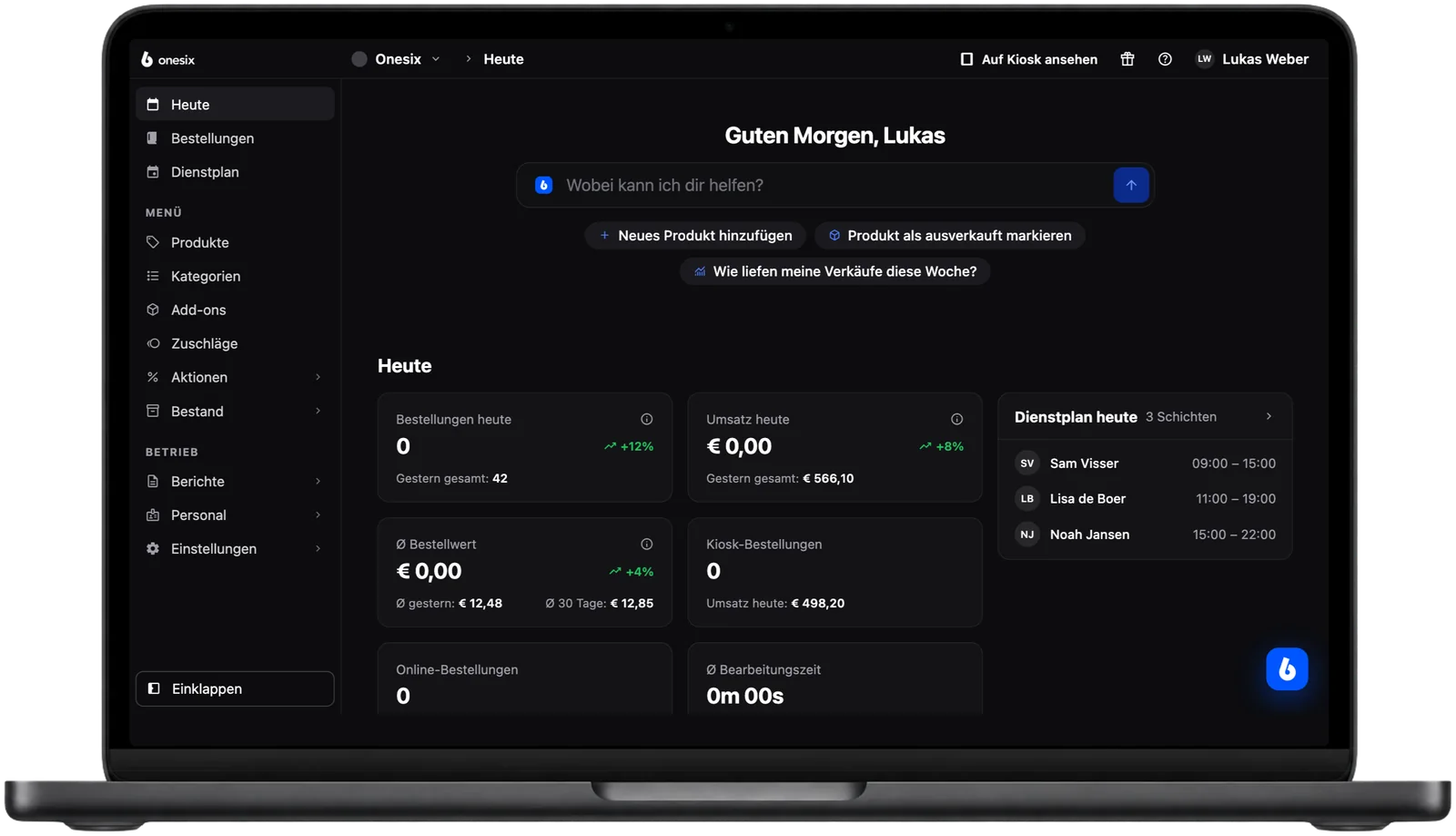 Heute-Seite im Onesix Dashboard mit dem täglichen Umsatz und den Bestellungen